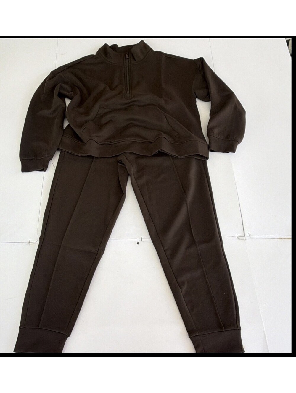 Women's Brown 2-Piece Half-Zip Mock Neck Sweatshirt Jogger Pants Set Pockets MED
